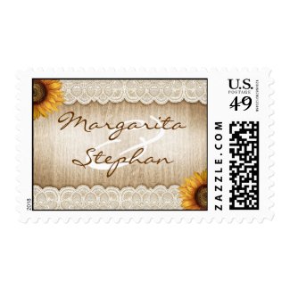 rustic wood sunflowers and lace wedding stamps