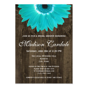 Rustic Wood Teal Daisy Bridal Shower Invitation Custom Invites
