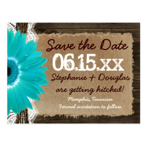 Rustic Wood Teal Daisy Save the Date Postcards