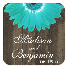Rustic Wood Teal Daisy Wedding Favor Stickers