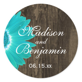 Rustic Wood Teal Daisy Wedding Favor Stickers