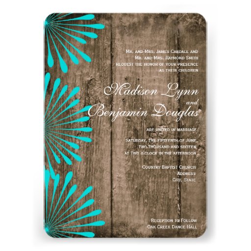 Rustic Wood Teal Flowers Wedding Invitations