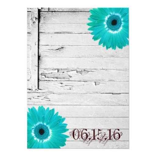 Rustic Wood Teal Gerber Daisy Wedding Invitations