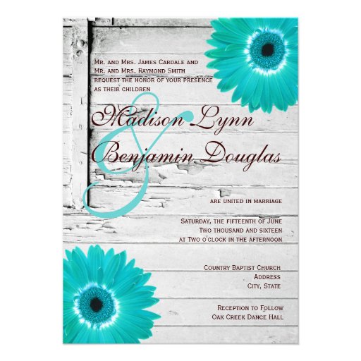 Rustic Wood Teal Gerber Daisy Wedding Invitations