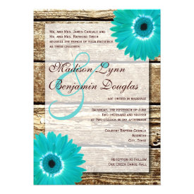 Rustic Wood Teal Gerber Daisy Wedding Invitations Personalized Invites