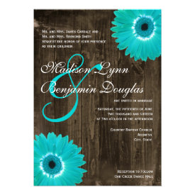Rustic Wood Teal Gerber Daisy Wedding Invitations Personalized Announcement