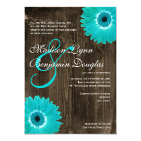 Rustic Wood Teal Gerber Daisy Wedding Invitations Personalized Announcement