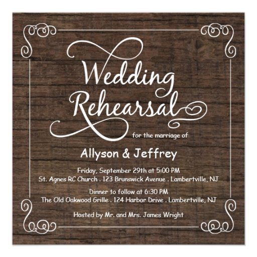 Rustic Wood Wedding Rehearsal Dinner Invitations (front side)