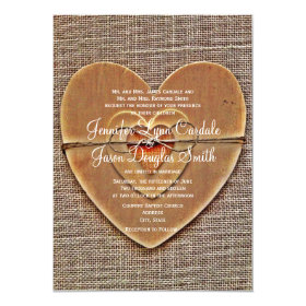 Rustic Wooden Heart Burlap Country Wedding Invites 4.5