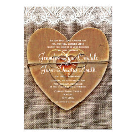 Rustic Wooden Heart Burlap Lace Wedding Invitation 5