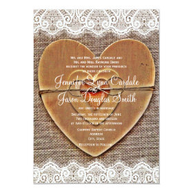 Rustic Wooden Heart Burlap Lace Wedding Invitation 4.5