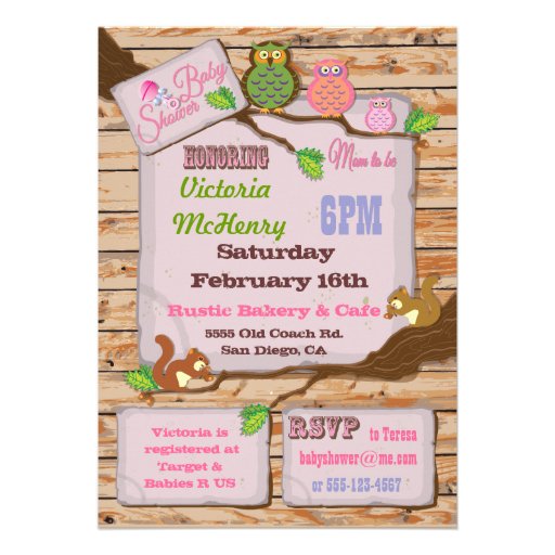 Rustic Woodland Baby Girl Shower Invitations (front side)