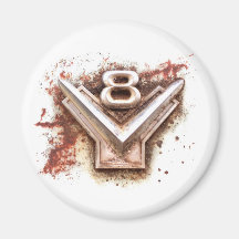 Rusty old chrome V8 badge from a classic car Magnet