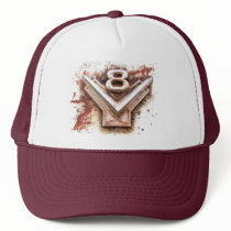 Rusty old V8 badge or emblem in chrome, attitude! Hats
