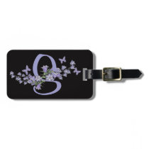 S - Blue Bells Butterfly Monogram Black Background Travel Bag Tag