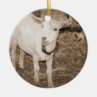 Saanen doeling sepia goat mouth open christmas ornaments