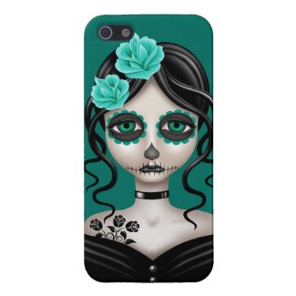 Sad Day of the Dead Girl on Teal Blue