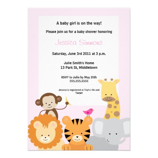 Safari Jungle Baby Shower - Girl Personalized Invites (front side)