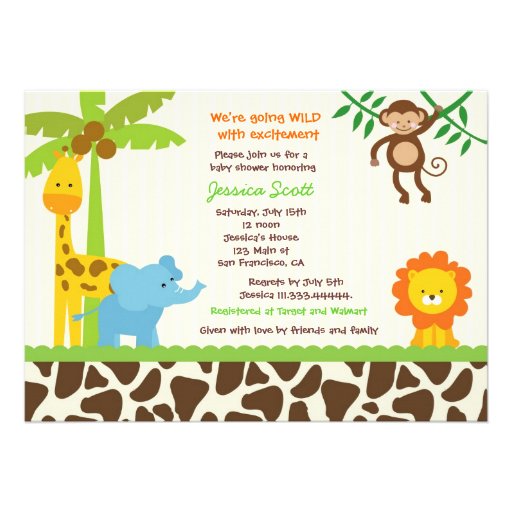 Safari Jungle Zoo Baby Shower Invitations (front side)