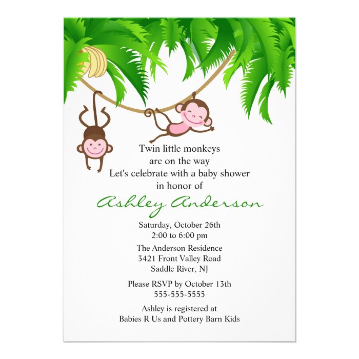 Safari Twin Monkeys Baby Shower Invitation