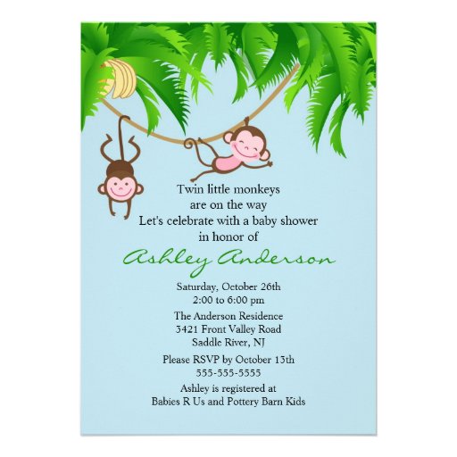 ... safari baby shower invitation featuring the sweet little twin monkeys