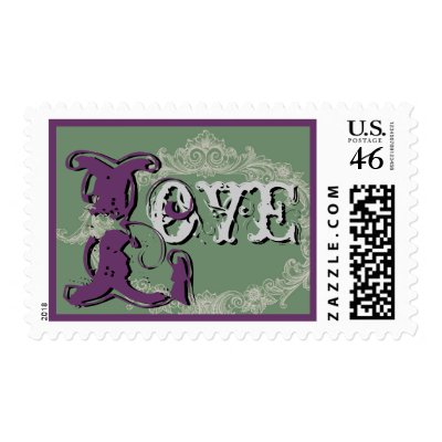 Sage and Purple Vintage Frame LOVE Wedding Postage Stamp