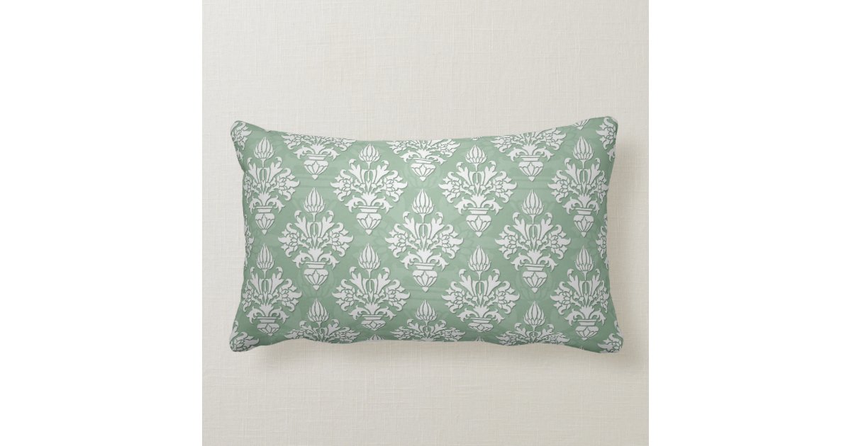 Sage Green and White Floral Damask Lumbar Pillow Zazzle