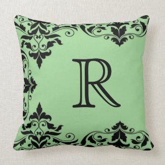 Sage Green & Black Monogram Damask Pillow