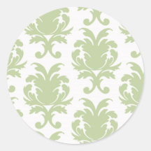 sage green bold large damask pattern round stickers