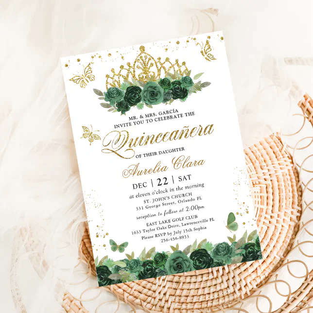 Sage Green Floral Gold Butterflies Quinceañera Invitation Zazzle