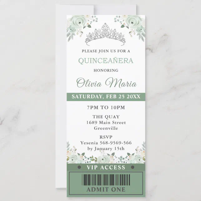 Sage Green Floral Quinceañera Sweet 16 VIP Ticket Invitation Zazzle