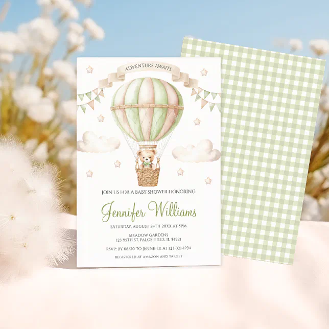 Sage Green Hot Air Balloon Teddy Bear Baby Shower Invitation Zazzle