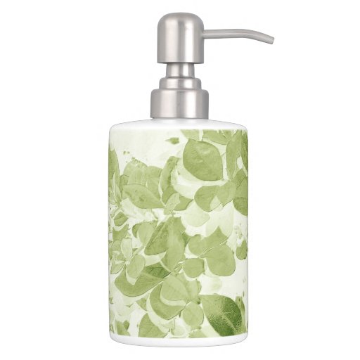 Sage Green Leaf Pattern, Vintage Inspired Soap Dispenser And Toothbrush