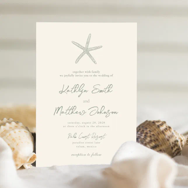 Sage Green Starfish Beach Destination Wedding Invitation Zazzle