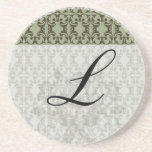 sage olive green and brown ornate damask pattern beverage coaster