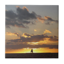 Sail boat at sunset ceramic tiles