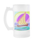 Sail boat, colorful rainbow sky and sea mugs