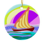 Sail boat, colorful rainbow sky and sea christmas ornament