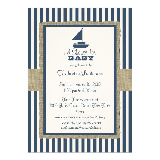 Sail Boat Navy Blue Stripes Baby Shower Invitations