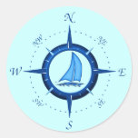 Sailboat And Compass Rose Round Sticker