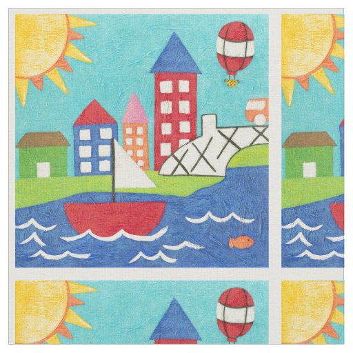 Sailboat and Hot Air Balloon with Cityscape Fabric | Zazzle
