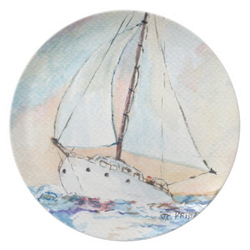 Sailboat at Sea Fine Art Watercolor Painting Party Plates
