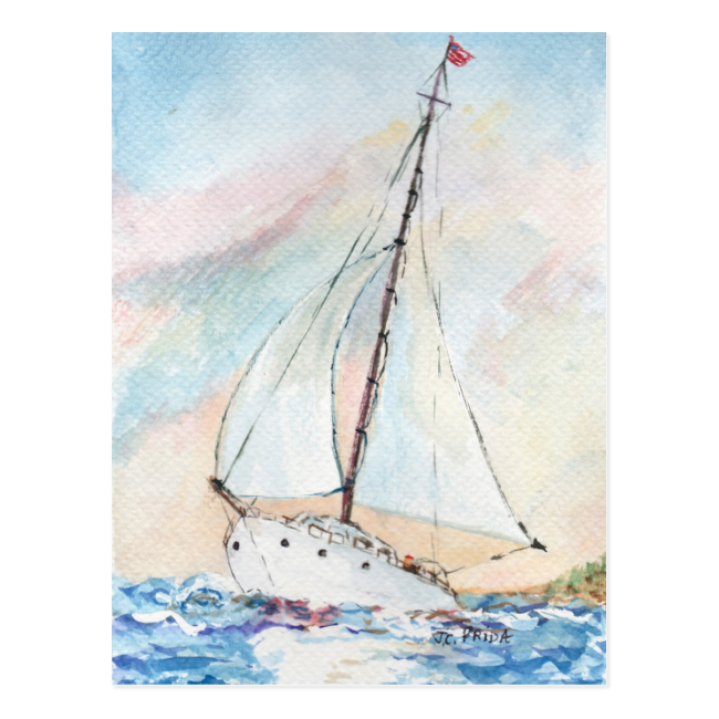 Sailboat at Sea Fine Art Watercolor Painting Postcard