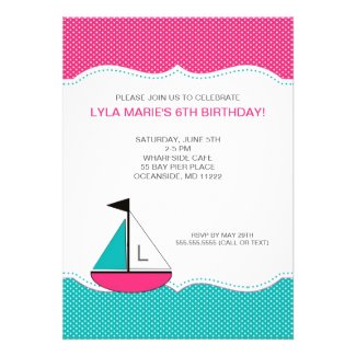 Sailboat Hot pink turquoise birthday party invite
