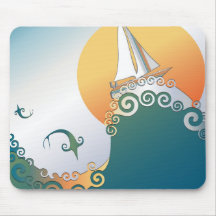 Sailboat in Ocean with Fish Jumping Mousepads