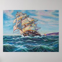 Sailboat on Rough Waters Oil Painting Framed Print