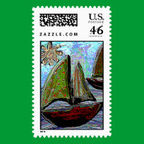SAILBOAT & SUN & SEA - postage stamp stamps