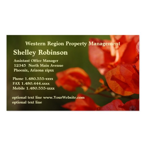 Sales or Administrative Poppy Colored Flowers on G Business Card Template (front side)