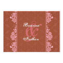 Salmon Pink & White Damask Wedding Invitation