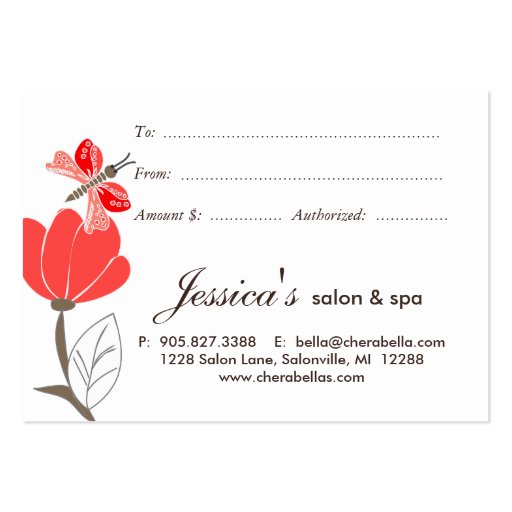 Salon Beauty Gift Card Butterfly Flowers Red Business Card Template (back side)